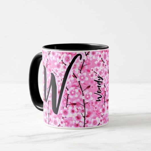 Schwarz-Rosa-Geschenk (Blumenbezeichnung und Monog Tasse (Vorderseite Links)