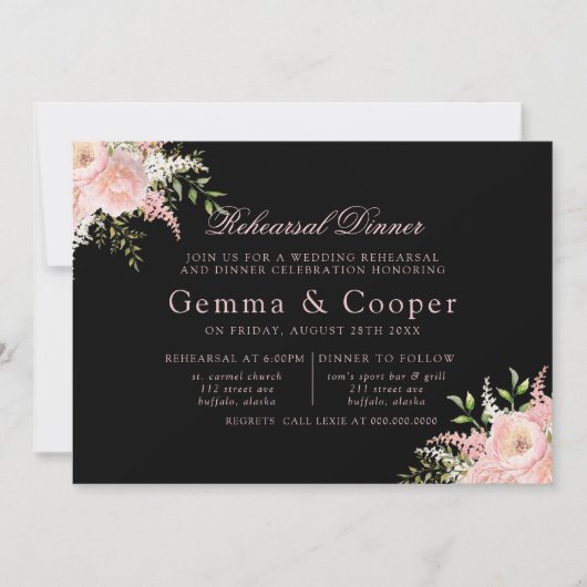 Schwarz Rosa gestrichen Florals Probe Abendessen Einladung (Vorderseite)