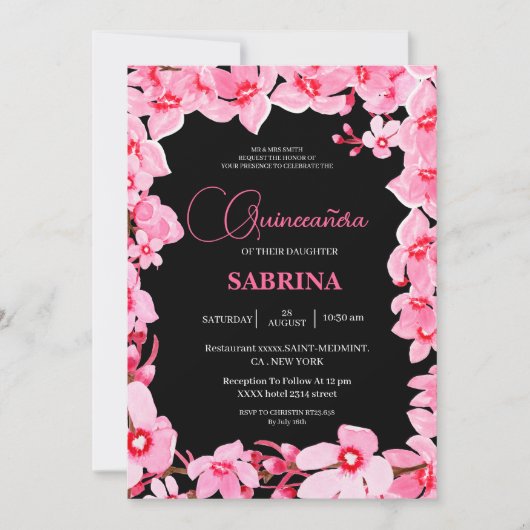 Schwarz-Rosa Girly Cherry Blossom Quinceanera Einladung (Vorderseite)
