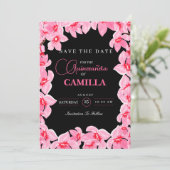 Schwarz-Rosa Girly Cherry Blossom Quinceanera Save The Date (Stehend Vorderseite)