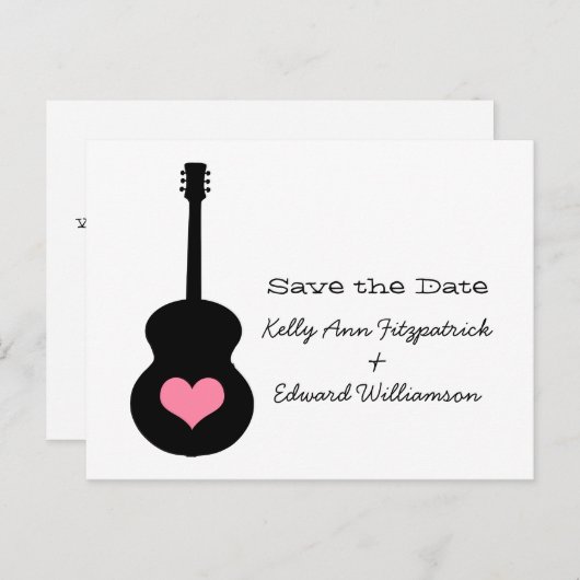Schwarz/Rosa Gitarrenherz Save the Date Postkarte (Vorne/Hinten)