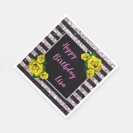 Schwarz-Rosa-Glitzer Streifen Gelbe Rosen Geburtst Serviette (Ecke)