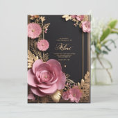 Schwarz Rosa Gold 3D Blumenkarte (Stehend Vorderseite)