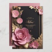 Schwarz Rosa Gold 3D Blumenkarte (Vorne/Hinten)