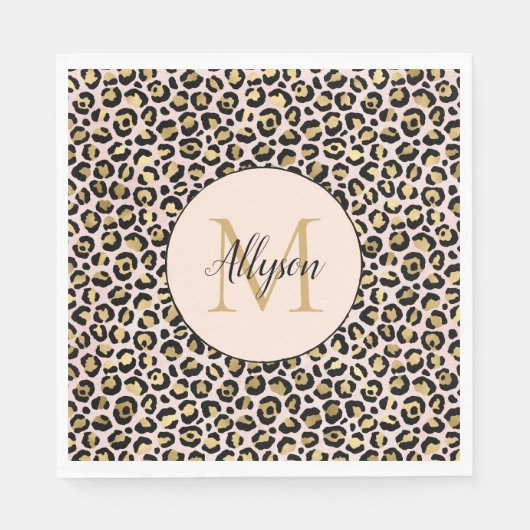 Schwarz-Rosa-Gold-Leopard-Printmonogramm Serviette (Vorderseite)