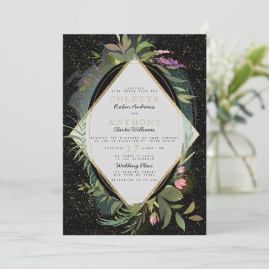 Schwarz-Rosa-grüne Imitate Goldfisch-Blütenhochzei Einladung (Stehend Vorderseite)