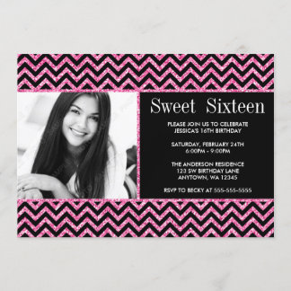 Schwarz Rosa Imitat Glitzer Zickzack Sweet 16 Foto Einladung