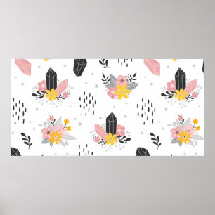 Schwarz-Rosa-Kristalle mit Blume und abstrakt Poster