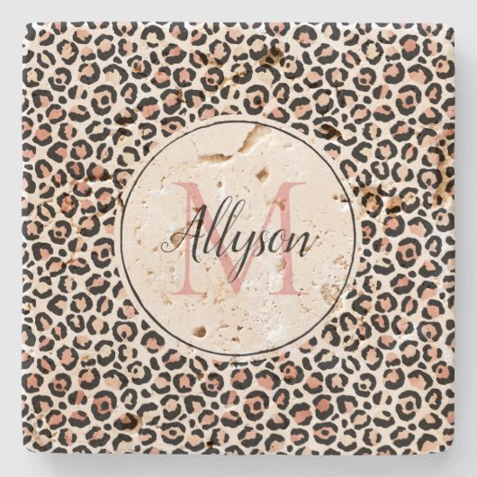 Schwarz-Rosa-Leopard-Print Monogram Steinuntersetzer (Vorderseite)