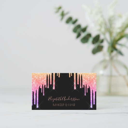 Schwarz-Rosa lila Glitzer Tropfen Make-haar Visitenkarte (Stehend Vorderseite)
