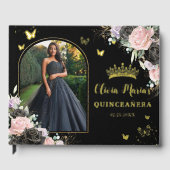 Schwarz Rosa Lila Lilac Floral Quinceañera Foto Gästebuch (Vorderseite)