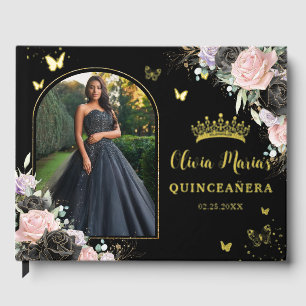 Schwarz Rosa Lila Lilac Floral Quinceañera Foto Gästebuch