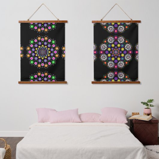 Schwarz, Rosa, Lila Mandala Abstrakte Kunst Wandteppich Mit Holzrahmen (Schlafzimmer)