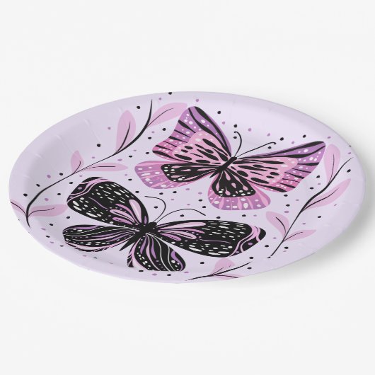 Schwarz, Rosa, Lila Schmetterlinge Pappteller (Schrägansicht)
