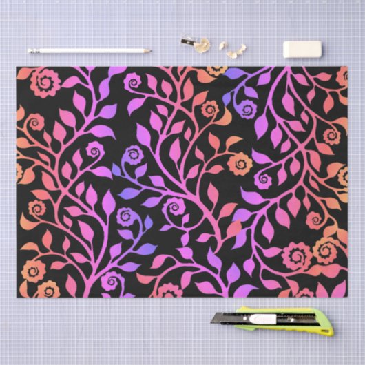 Schwarz Rosa Lila Wirbles Blumenmuster Klasse Seidenpapier (Handwerk)