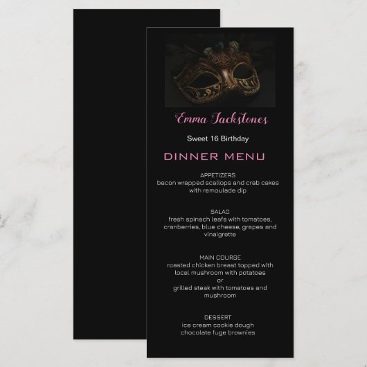 Schwarz/Rosa Minimalistisch Sweet 16 Masquerade Ma Menükarte (Vorne/Hinten)