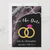 Schwarz & Rosa mit Eheringen & Silber Save The Date (Vorderseite)