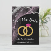 Schwarz & Rosa mit Eheringen & Silber Save The Date (Stehend Vorderseite)