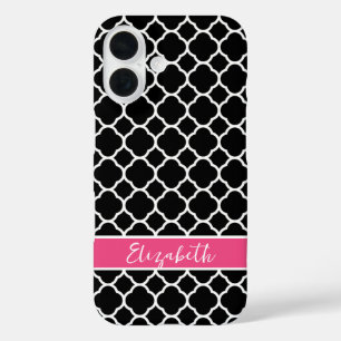 Schwarz/Rosa Modernes Quatrefolien-Monogramm iPhone 16 Hülle
