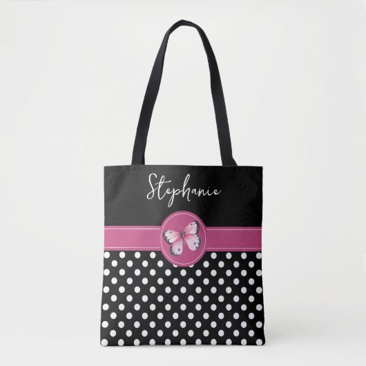 Schwarz-Rosa-Monogramm-Polka-Punkte Tasche (Vorderseite)