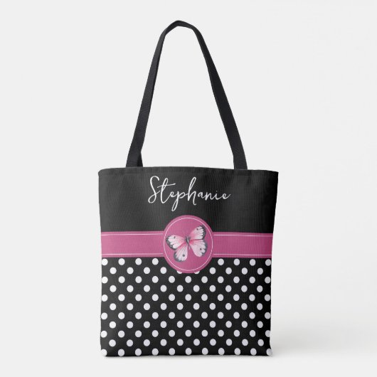 Schwarz-Rosa-Monogramm-Polka-Punkte Tasche (Rückseite)