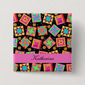 Schwarz-rosa-Patchwork-Quilt-Blöcke Name-Abzeichen Button (Vorderseite)