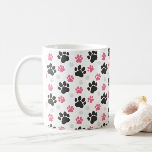 Schwarz-Rosa Paw Print Downer Puppy Lover Pets Kaffeetasse (Mit Donut)