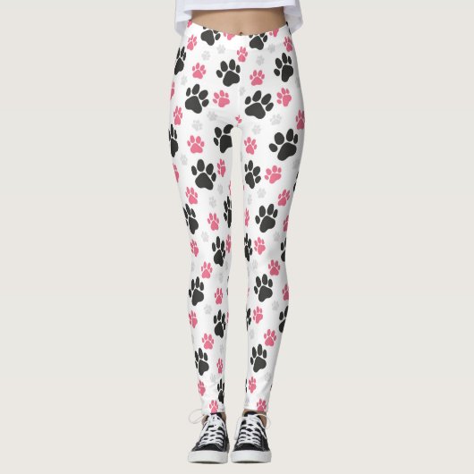 Schwarz-Rosa Paw Print Downer Puppy Lover Pets Leggings (Vorderseite)