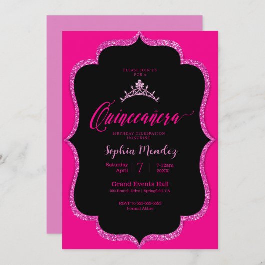 Schwarz-Rosa-Quinceanera-Einladung Einladung (Vorne/Hinten)