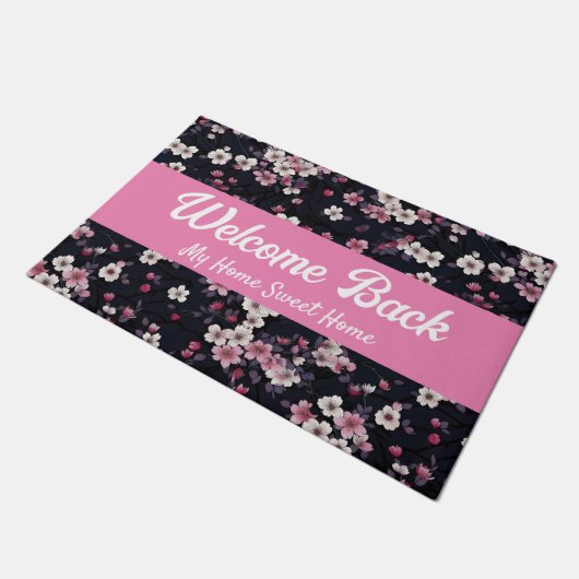 Schwarz-Rosa-Sakura-Blume, Muster-Design, Willkomm Fußmatte (Schrägansicht)