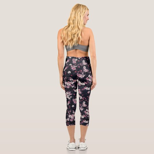 Schwarz-Rosa-Sakura-Blume, Musterdesign, Capri Leggings (Rückseite)