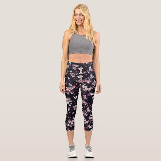 Schwarz-Rosa-Sakura-Blume, Musterdesign, Capri Leggings (Vorderseite)
