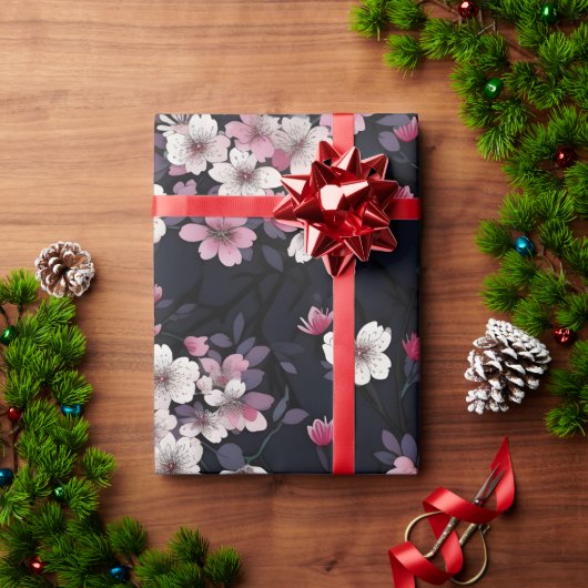 Schwarz-Rosa-Sakura-Blume, Musterdesign, Geschenkpapier (Feiertagsgeschenk)