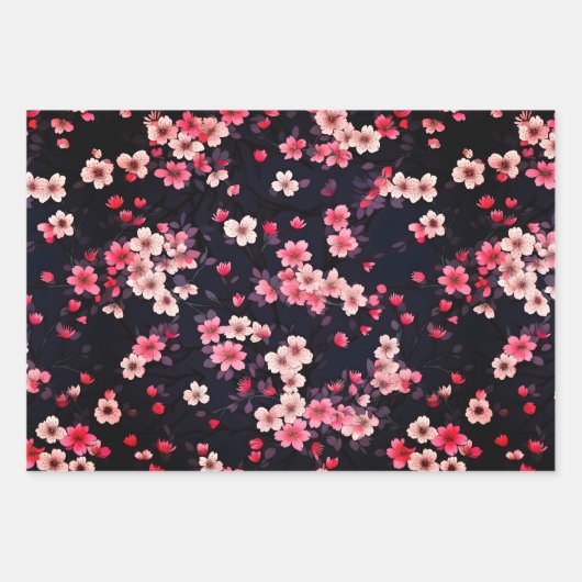 Schwarz-Rosa-Sakura-Blume, Musterdesign, Geschenkpapier Set (Vorderseite 2)