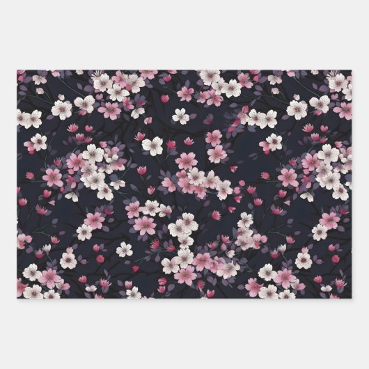 Schwarz-Rosa-Sakura-Blume, Musterdesign, Geschenkpapier Set (Vorderseite)