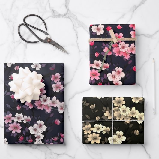 Schwarz-Rosa-Sakura-Blume, Musterdesign, Geschenkpapier Set (Vorderseite)
