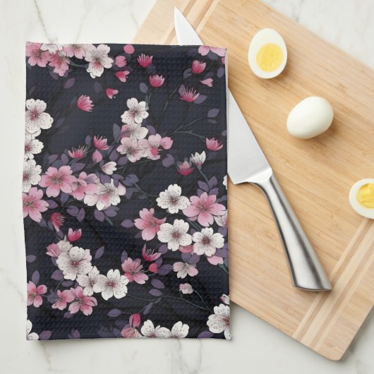 Schwarz-Rosa-Sakura-Blume, Musterdesign, Geschirrtuch (Viertel Falte)