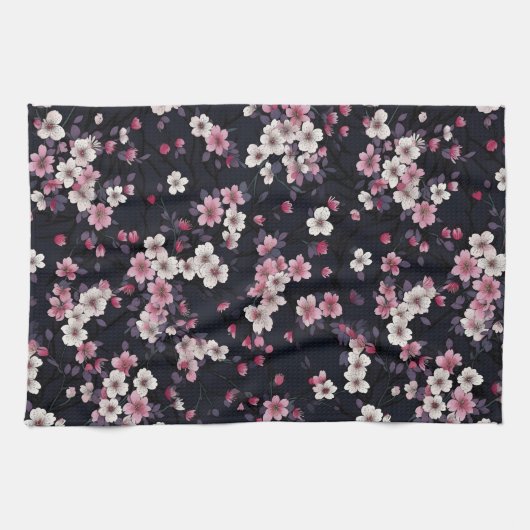 Schwarz-Rosa-Sakura-Blume, Musterdesign, Geschirrtuch (Horizontal)
