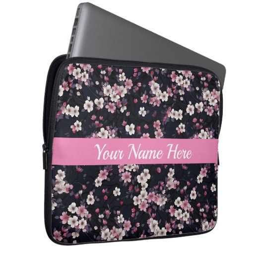 Schwarz-Rosa-Sakura-Blume, Musterdesign, Laptopschutzhülle (Vorne Rechts)