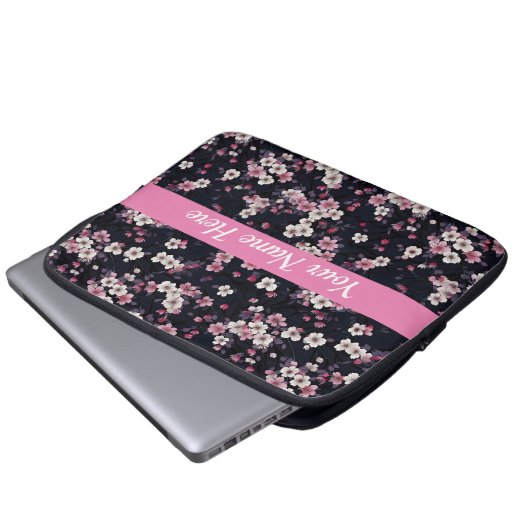 Schwarz-Rosa-Sakura-Blume, Musterdesign, Laptopschutzhülle (Vorne Knopf)