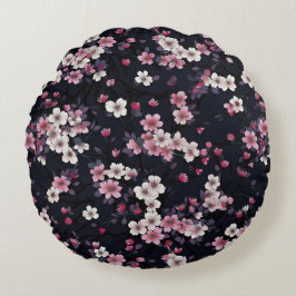 Schwarz-Rosa-Sakura-Blume, Musterdesign, Rundes Kissen