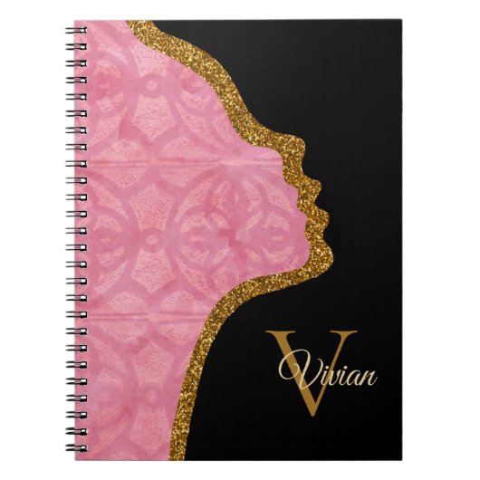 Schwarz-Rosa-Schwarz-Gold-Glitzer Notizblock (Vorderseite)