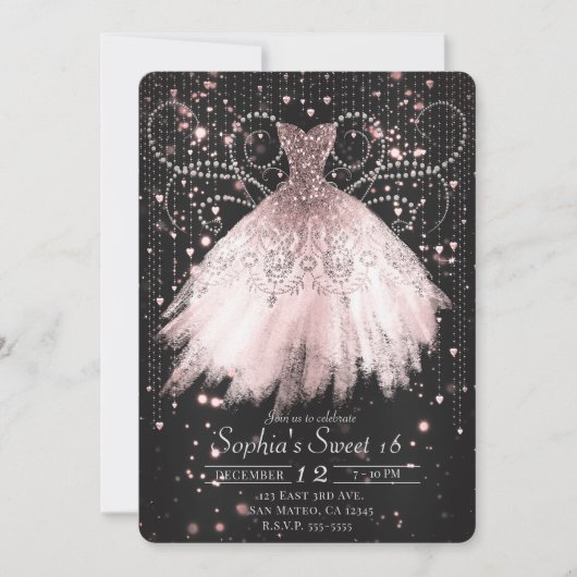 Schwarz Rosa Silver Glitzer Kleid Sweet 16 Party Einladung (Vorderseite)