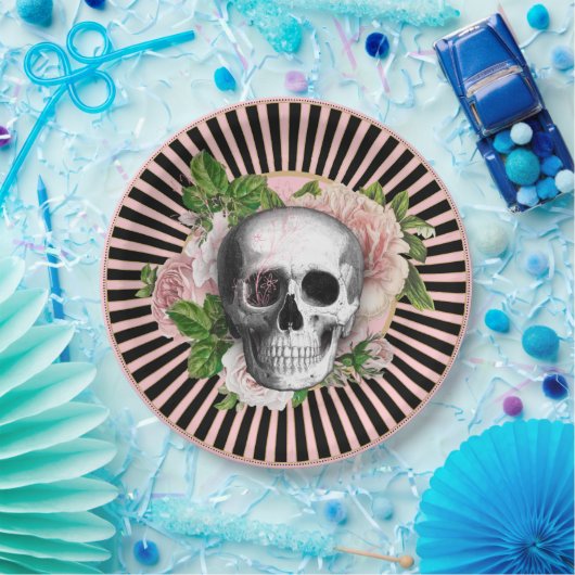 Schwarz-Rosa-Streifen Pappteller (Party)