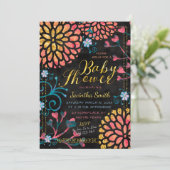 Schwarz Rosa und Gold Baby Dusche farbenfroh flora Einladung (Stehend Vorderseite)