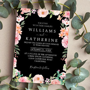 Schwarz Rosa und Pfirsichfarben Blume Hochzeitssac Einladung