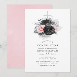 Schwarz Rosa und Silber Vintage Rosen Konfirmation Einladung
