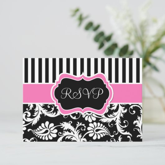Schwarz-rosa-weiß gestreifte Damaskus-Antwortkarte Einladung (Stehend Vorderseite)