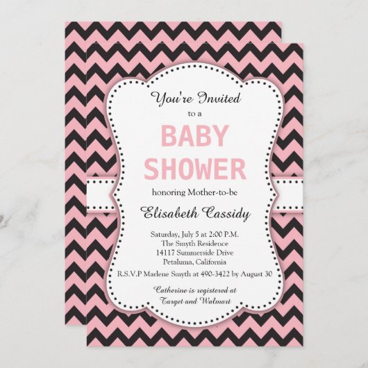 Schwarz-Rosa-Zickzack, Babydusche Einladung (Vorne/Hinten)