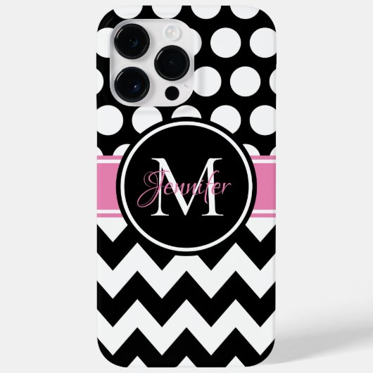 Schwarz-Rosa-Zickzack-Polka-Dot-Monogramm Case-Mate iPhone Hülle (Rückseite)